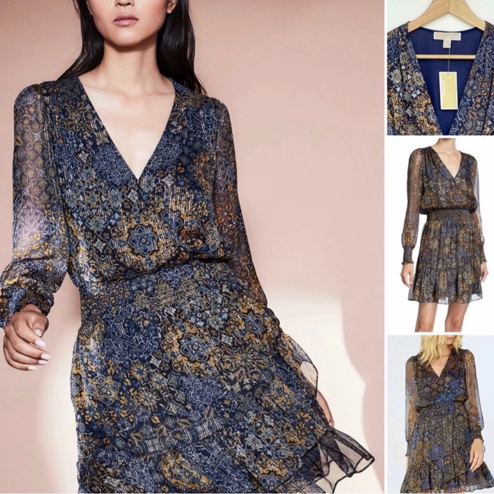 Michael Kors V-Neck Floral Dress with sheer sleeves in Navy and Gold in Medium